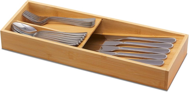 guiogc Bamboo Silverware Drawer Organizer, Kitchen Cutlery Tray,Utensil Holder for Spoons, Forks, Knives in Kitchen - Image 3